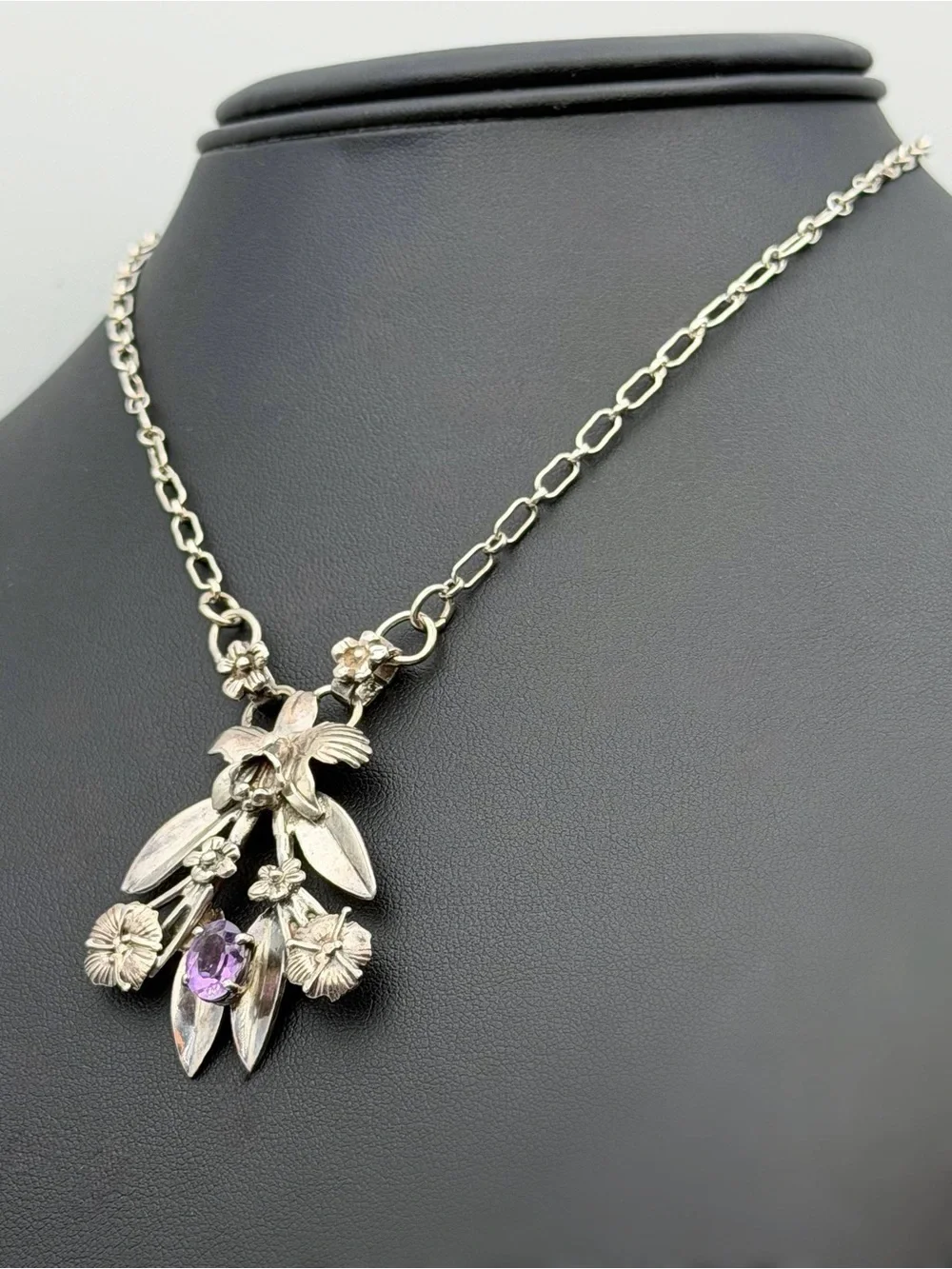 Vintage 925 Sterling Silver 1.25Ct Natural Amethyst Stone Orchid Floral Necklace